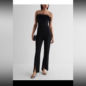Express Feather Trim Strapless Split Hem Jumpsuit